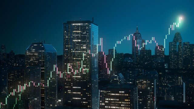 financial graph in a digital cityscape