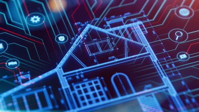 Blueprint of house presented in a tech-style with many variables bouncing around.