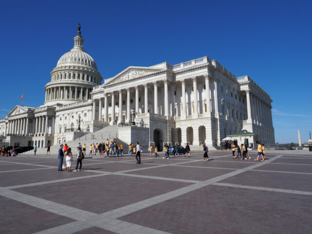 Crowd gathering outside the U.S. Capitol building.